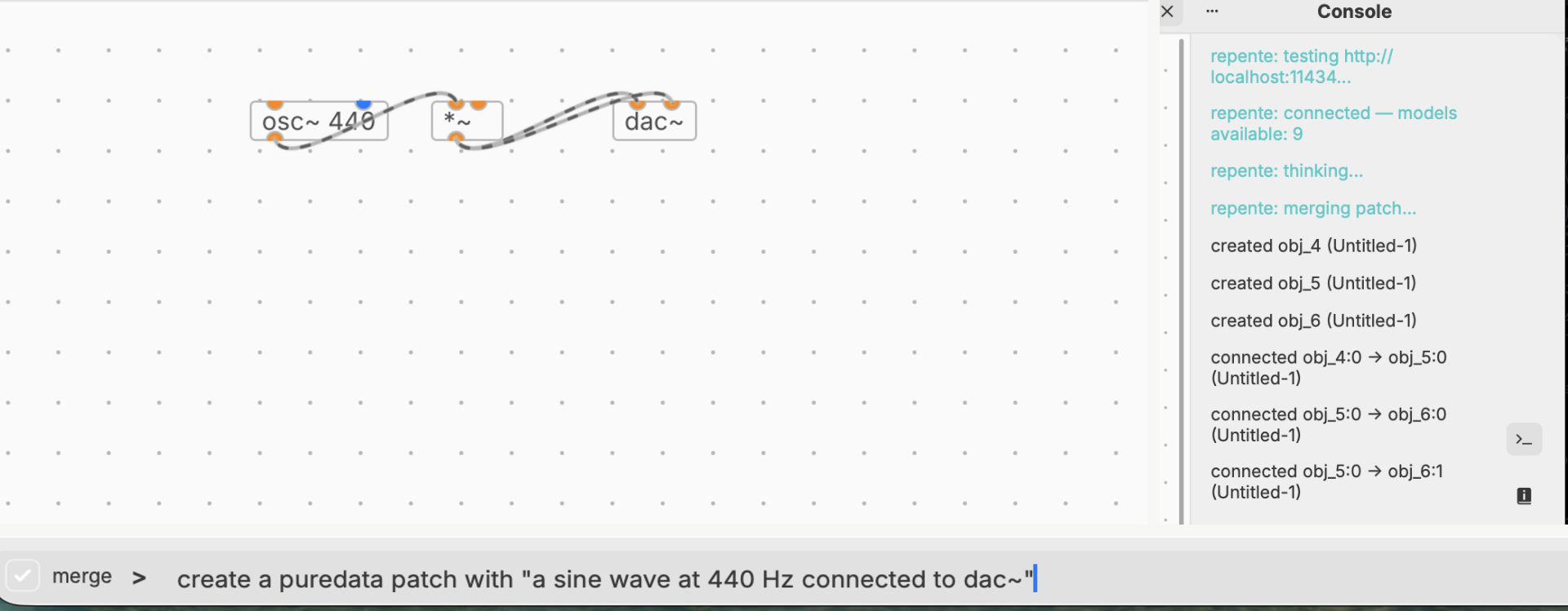 pd-repente: the prompt bar at the bottom of the patching window, the generated osc~ / *~ / dac~ patch on the canvas, and the console log of objects created and connected.